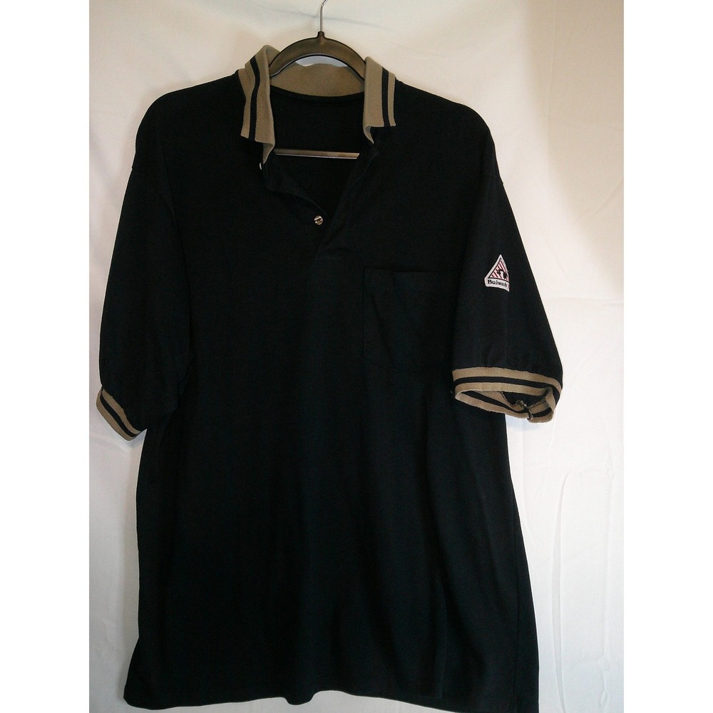 Bulwark FR Flame Resistant Polo Shirt‎ Mens Blue Tan Trim Work Uniform XL